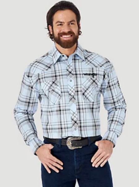 Picture of Wrangler Logo Long Sleeve Western Snap Blue Plaid Shirt