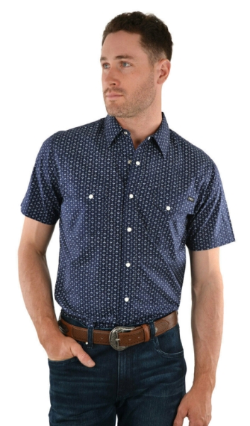 Picture of Pure Western Men's Bailey Print Short Sleeve Shirt Navy/Tan